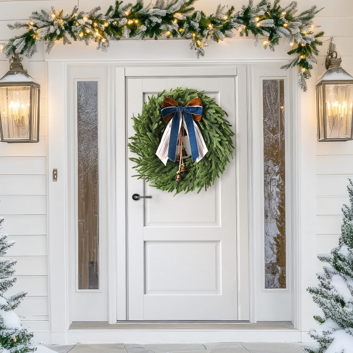 Christmas Decor, 22" Norfolk Pine Christmas Wreath with Bells and Ribbon