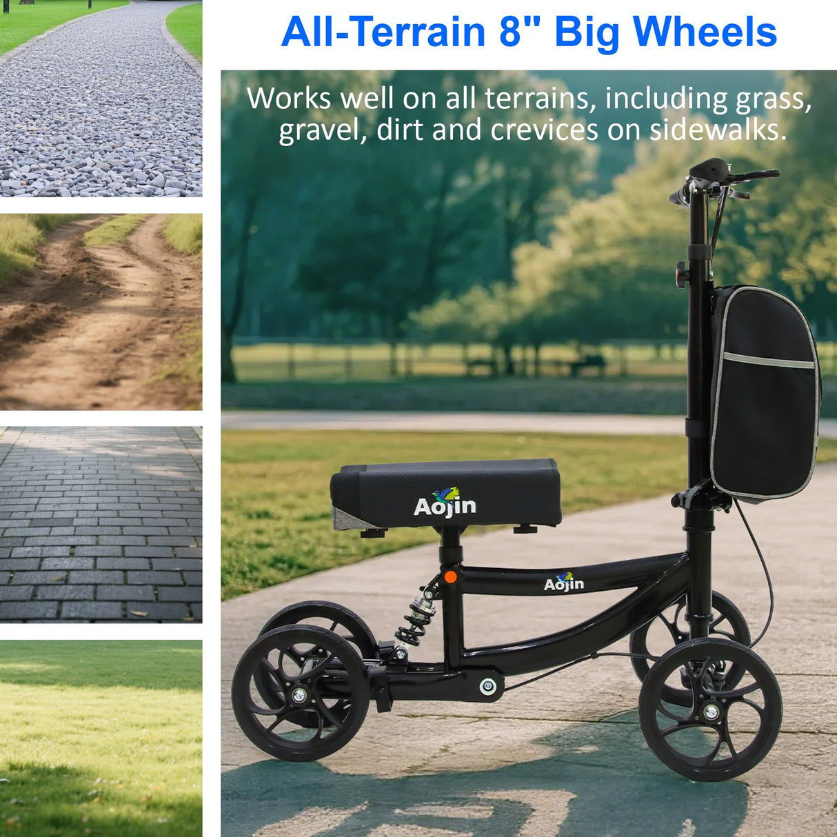 Aojin Knee Scooter, 300lbs Capacity, 13" Big PU Seat, All Terrain Foldable Knee Scooter Walker with Bag for Foot Injuries Compact Crutches Alternative (Black)