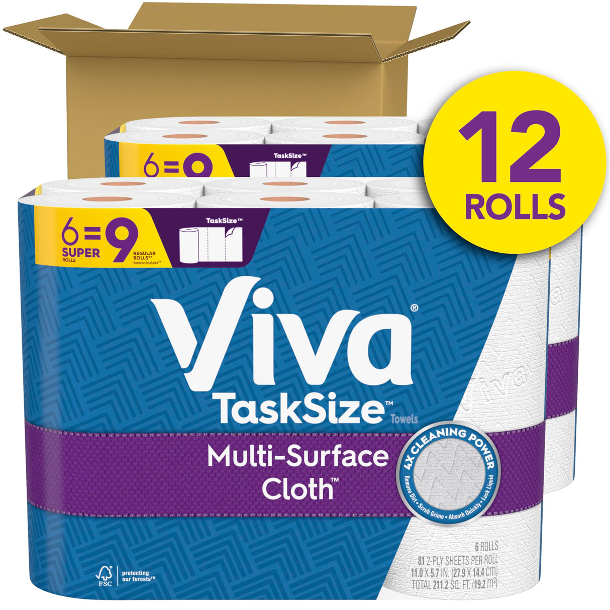 Viva Multi-Surface Cloth Paper Towels, Task Size - 12 Super Rolls (2 Packs of 6) - 81 Sheets Per Roll