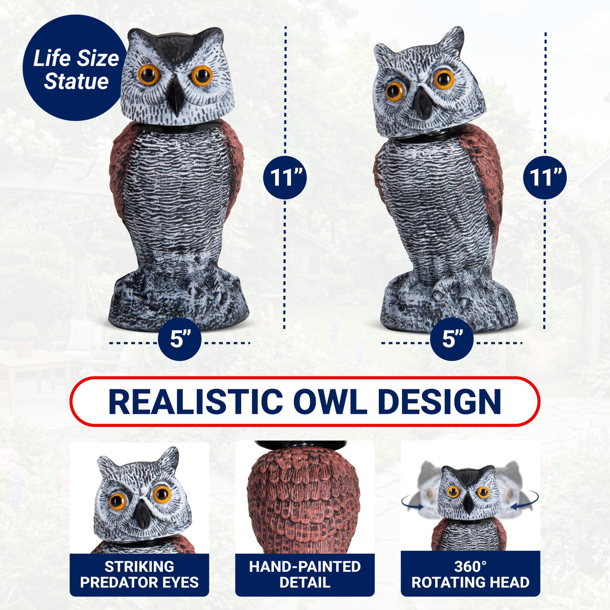 Arrigo Fake Owl Decoys to Scare Birds Away – 2pc Wind-Driven Rotating Head – Plastic Owl Statue Scarecrows – Realistic Deterrent for Critters & Squirrels - Garden, Patio, Boats, and Yard Decor