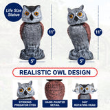 Arrigo Fake Owl Decoys to Scare Birds Away – 2pc Wind-Driven Rotating Head – Plastic Owl Statue Scarecrows – Realistic Deterrent for Critters & Squirrels - Garden, Patio, Boats, and Yard Decor