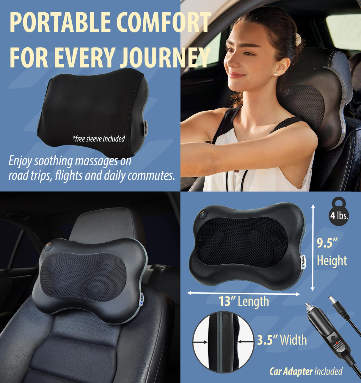 Zyllion Shiatsu Back and Neck Massager with Heat (FSA HSA Eligible) 3D Kneading Deep Tissue Massage Pillow for Muscle Pain Relief, Arthritis, Sciatica, Plantar Fasciitis on Shoulder, Leg, Foot, ZMA-13