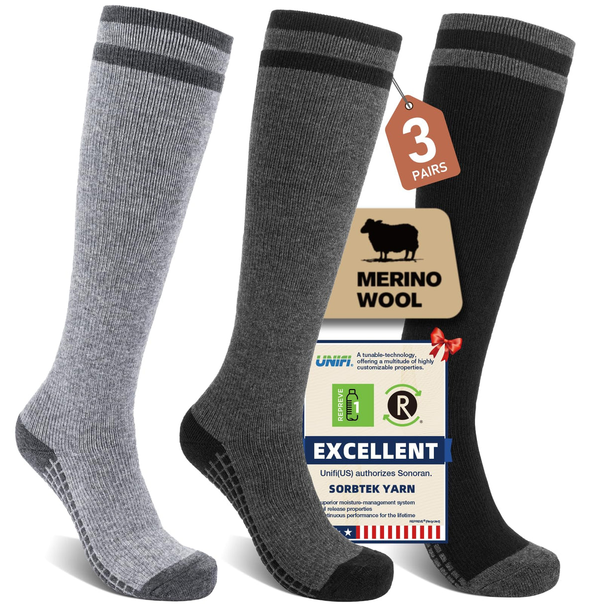 SONORAN 3 Pairs Merino Wool Compression Socks for Men Women, Knee High Winter Thermal Thick Warm for Cold Weather Christmas Gift L/XL Black&Gray&Black Gray