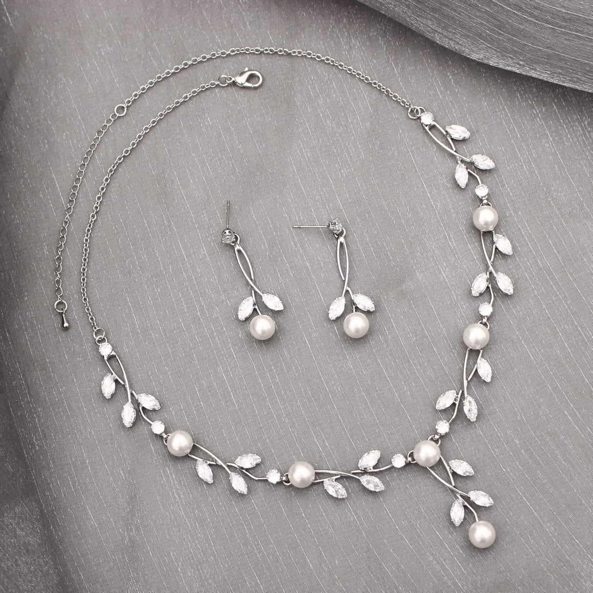 Enrwin Luxury Cubic Zirconia Aurtrian Crystal Pearl Floral Necklace Dangle Earrings Link Bracelet Set Wedding Bridal Jewelry Set Birthday Gifts for Her, Style2-Clear-Silver Plated