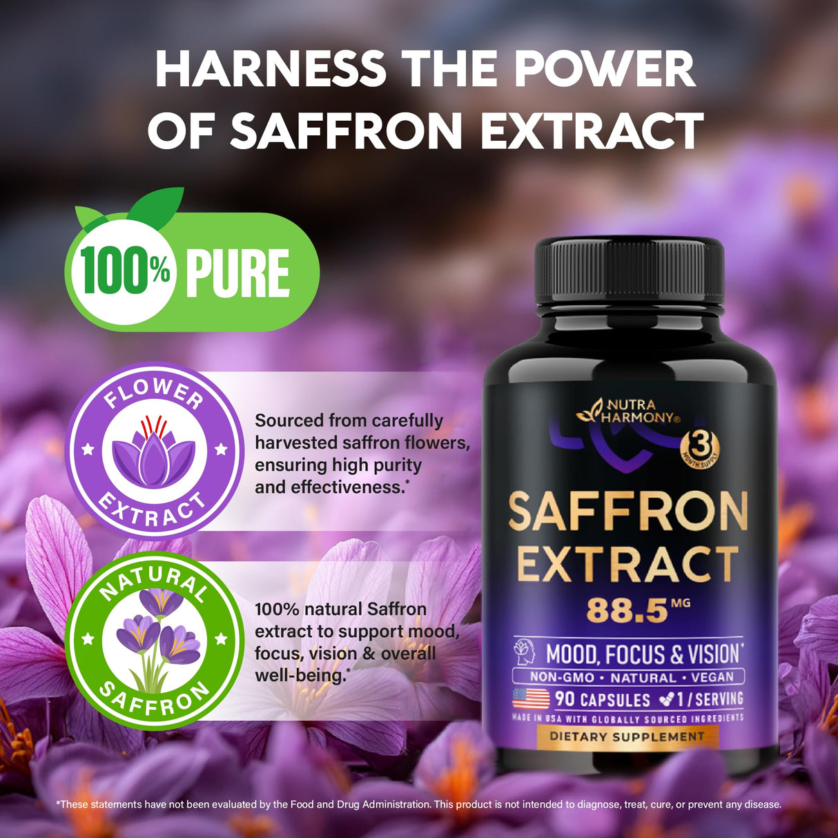 Natural Saffron Supplements - Pure Saffron Extract 88.5 mg - Made in USA - Mood | Focus | Vision | Energy Support - Eye Health for Women & Men - NonGMO Vegan Pills - 90 Powder Capsules, 3 Month Supply