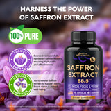 Natural Saffron Supplements - Pure Saffron Extract 88.5 mg - Made in USA - Mood | Focus | Vision | Energy Support - Eye Health for Women & Men - NonGMO Vegan Pills - 90 Powder Capsules, 3 Month Supply