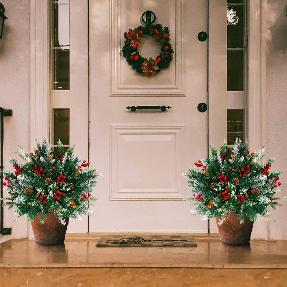 2 Pack Lighted Artificial Christmas Urn Filler, Battery Operated Pre-lit Xmas Pine Trees, Tripod Stake and 60 LED Lights, Holiday Porch Decorations for Porch, Yard, Garden, Flower Beds（Warm White）