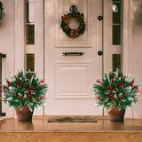 2 Pack Lighted Artificial Christmas Urn Filler, Battery Operated Pre-lit Xmas Pine Trees, Tripod Stake and 60 LED Lights, Holiday Porch Decorations for Porch, Yard, Garden, Flower Beds（Warm White）