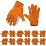 12 Pairs Leather Work Gloves Cowhide Leather Gardening Gloves with Reinforced Palm and Elastic Band, Thick Leathers Glove for Men Women Construction, Wood Cutting, Driving, Automotive Repair (Yellow)