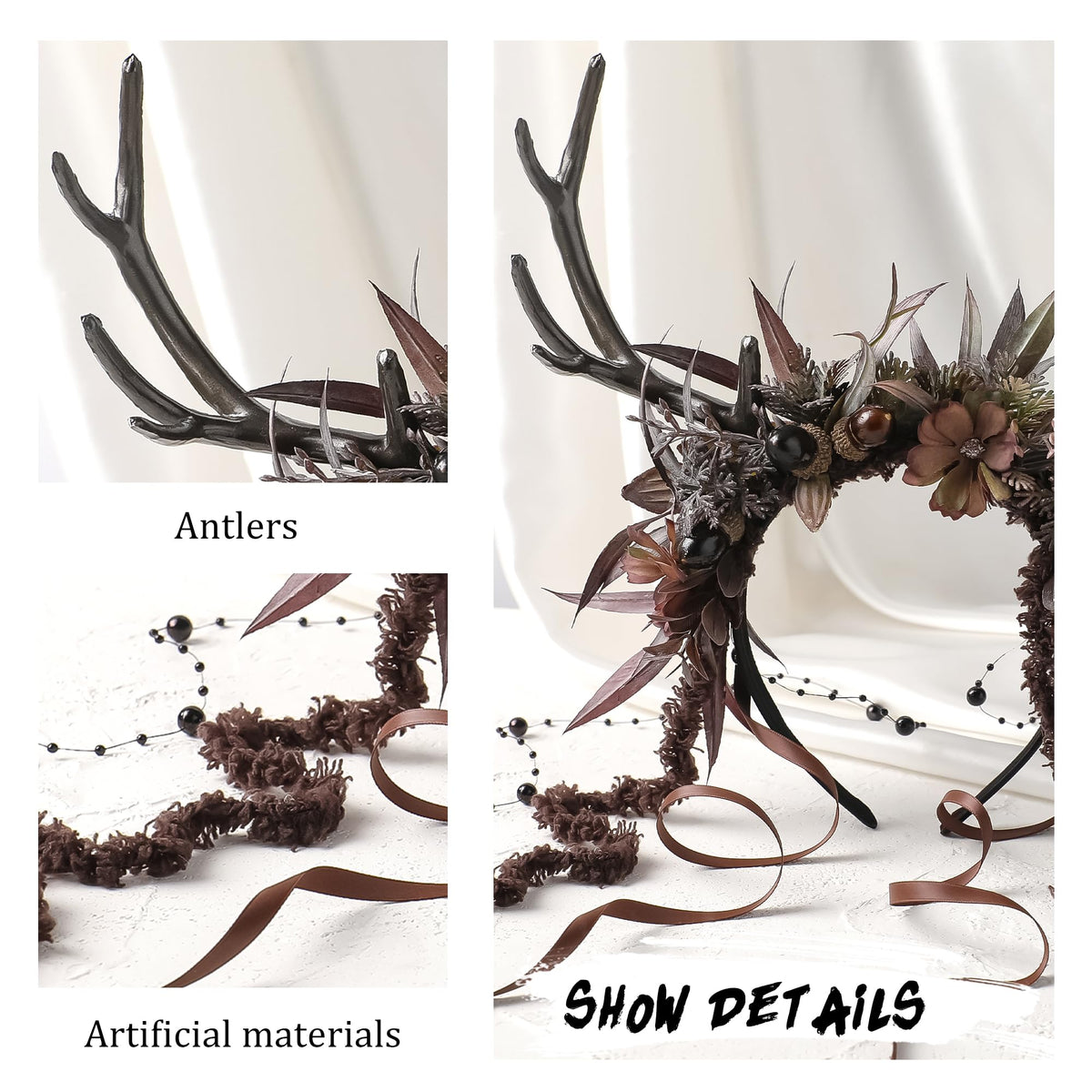 MOSTORY Dark Flower Deer Antlers Headband, Gothic Floral Reindeer Headpiece