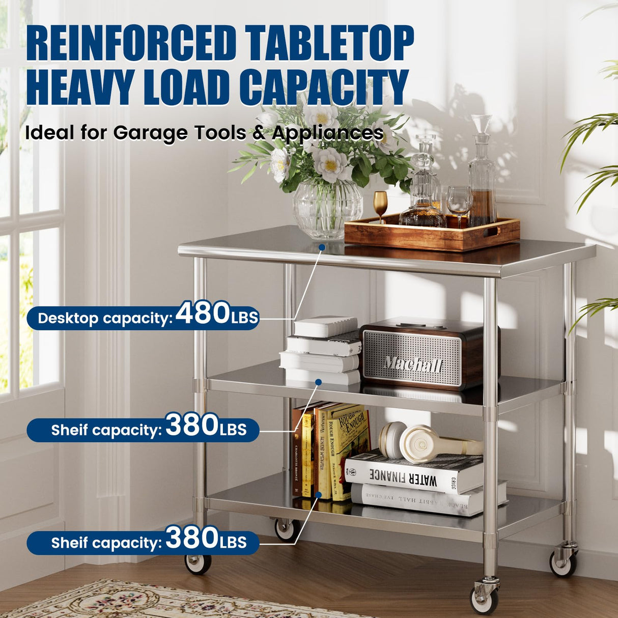 Chingoo Stainless Steel Work Table with Wheels, 24x48 Inch NSF Kitchen Prep Table with 2 Adjustable Undershelves for Commercial Restaurant, Garage, Outdoor BBQ