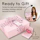 Happy Lolli Power Shower Gift Set: Luxury Bath Accessories Basket for Women & Teen Girls – Includes Body & Hair Towel, Wrist Bands, Headband, Face Sponge & More – Empower Your Routine (Fresh in Pink)