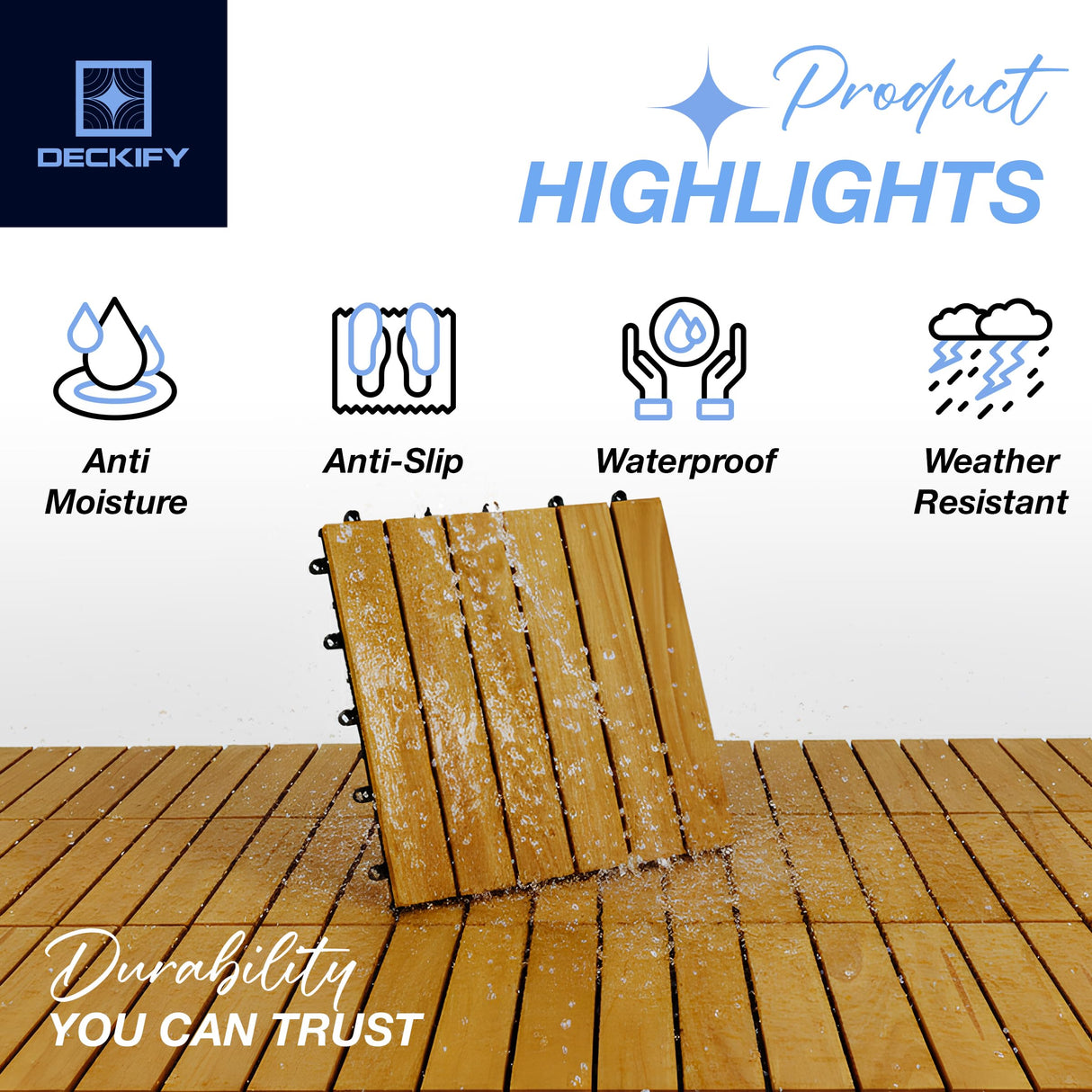DECKIFY 9Pcs Premium Acacia Wood Interlocking Patio Deck Tiles, 12 x 12 x 0.9 Inch Outdoor Flooring, Waterproof for All-Weather Use – Striped, Golden Teak