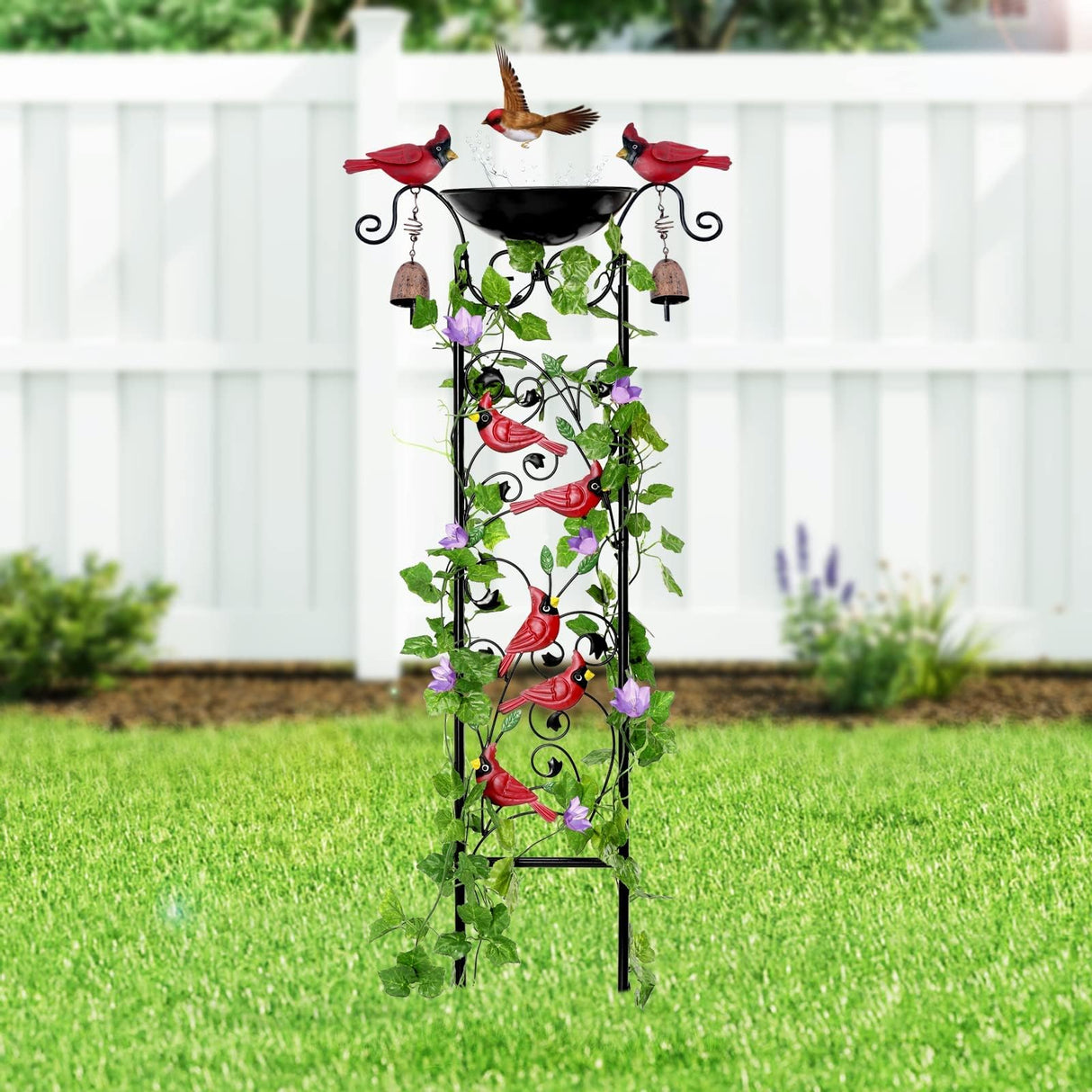 Cardinal Bird Garden Trellis with Wind Chime, Outdoor Yard Decor