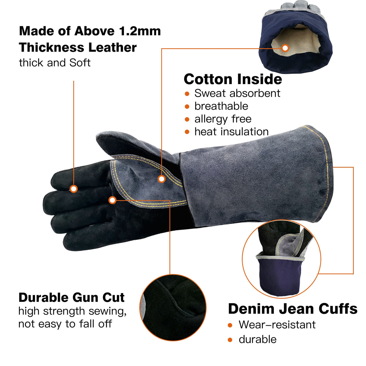 WZQH 16 Inches,932℉,Leather Welding Gloves extra Large, Heat/Fire Resistant,Mitts for BBQ,Oven,Grill,Fireplace,Tig,Mig,Forge,Baking,Furnace,Stove,Pot Holder,Animal Handling Glove. XL, Black-gray