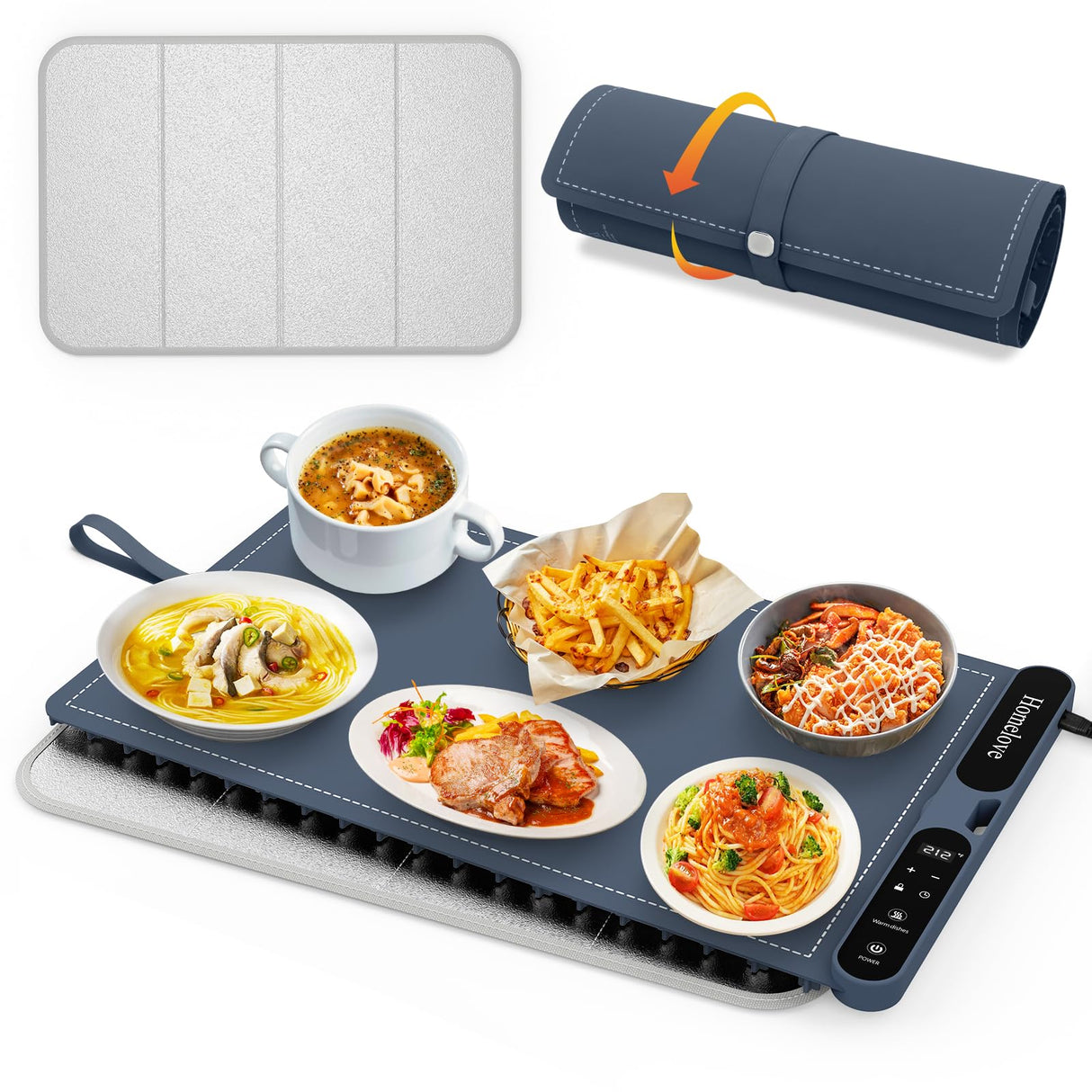 Homelove Warming Mat for Food - Fast Full Surface Electric Warming Tray with 7 Temp-Settings & 8H Timer, Portable Roll Up Food Warmer with Heat Insulation Pad for Gatherings Parties Buffet XL-Navy