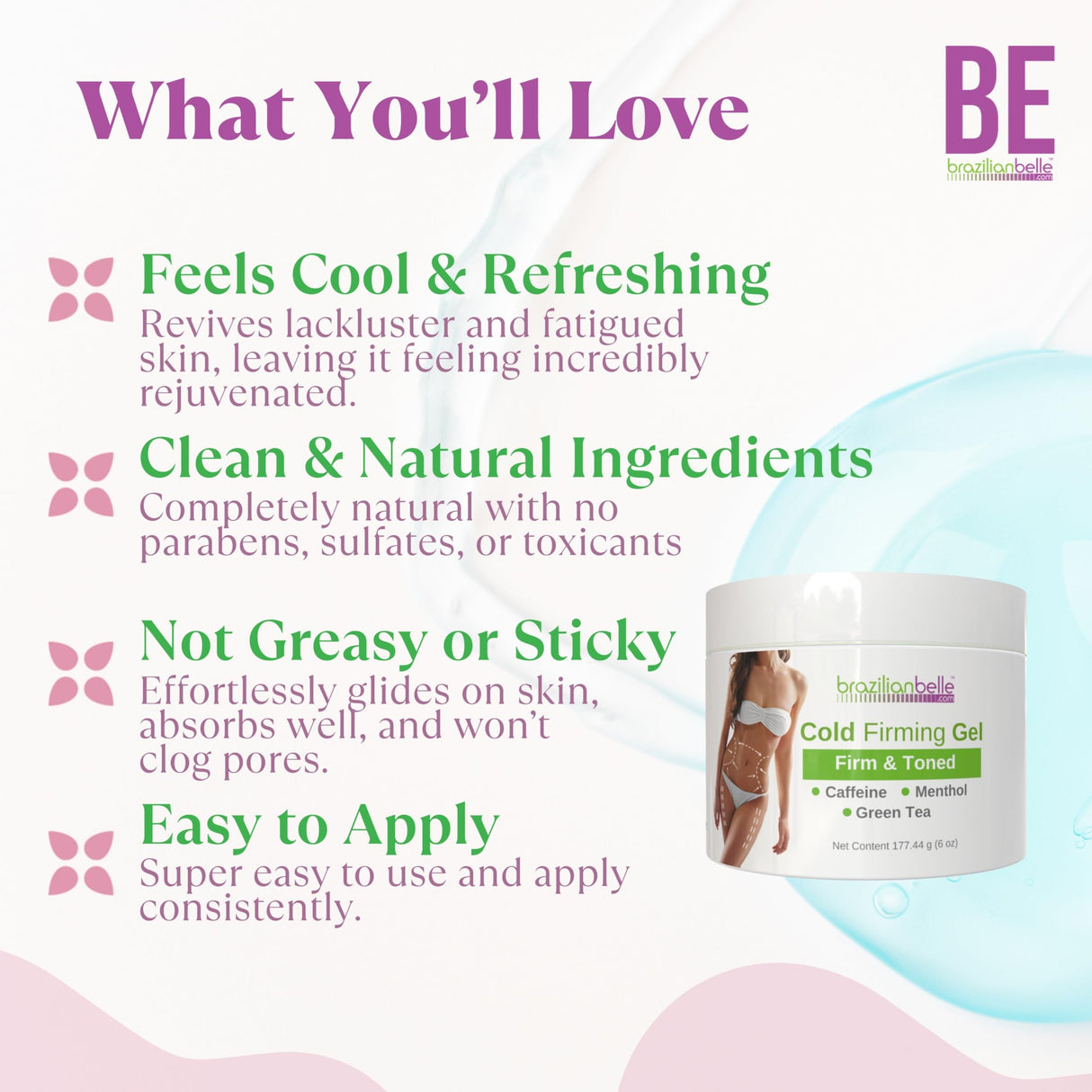 Brazilian Belle Cold Firming Gel - Skin Tightening & Anti Cellulite Cream with Caffeine - Advanced Skin Firming & Body Firming Gel for Loose & Sagging Skin - Suitable for All Skin Types