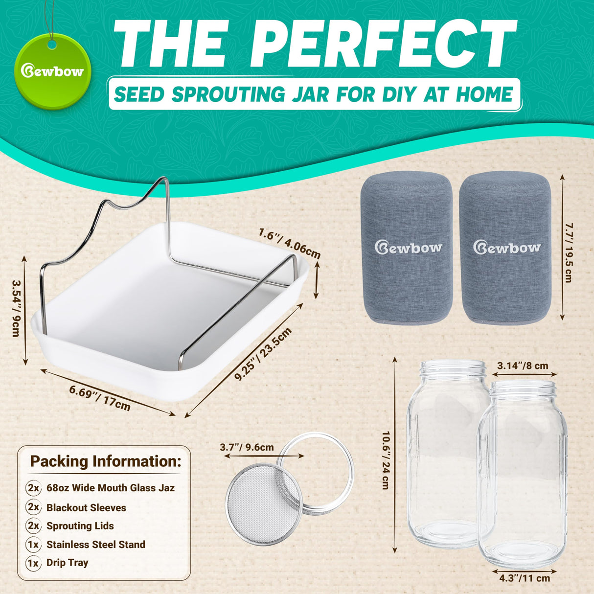 [LARGE SIZE] 2000ml(68oz) Seed Sprouting Mason Jar Kit with Stand,Drain Tray, Screen Lids,Blackout Sleeves,Good Ventilation & Drainage Capacity,Growing Fresh Organic Mung Beans,Broccoli & Microgreens
