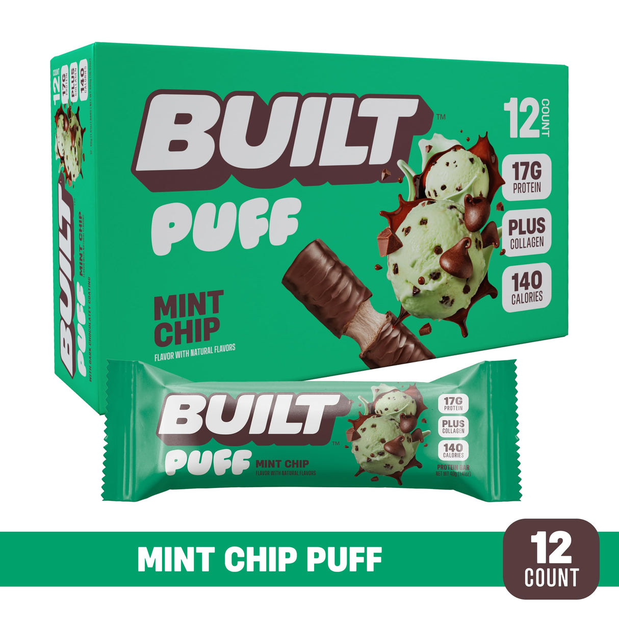 Built Bar, Puff Protein Bars, Mint Chip Puff, 17g Protein Snacks, On-The-Go Bars, Only 140 Calories, 6g Sugar, Collagen, Gluten Free, 12 Count