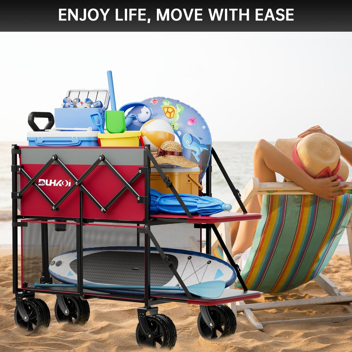 DUHKOI Double Decker Collapsible Wagon with Brakes,Compact with Tailgate
