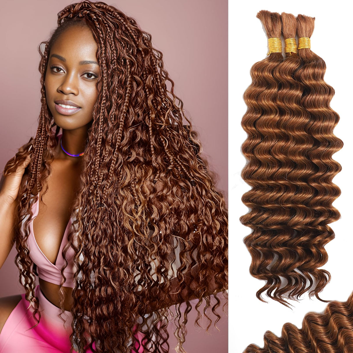 Human Braiding Hair for Boho Braids Human Hair 110g 20 Inch Curly Boho Hair for Braiding Knotless 12A Deep Wave Bohemian 3 Bundles/Pack Auburn Ginger