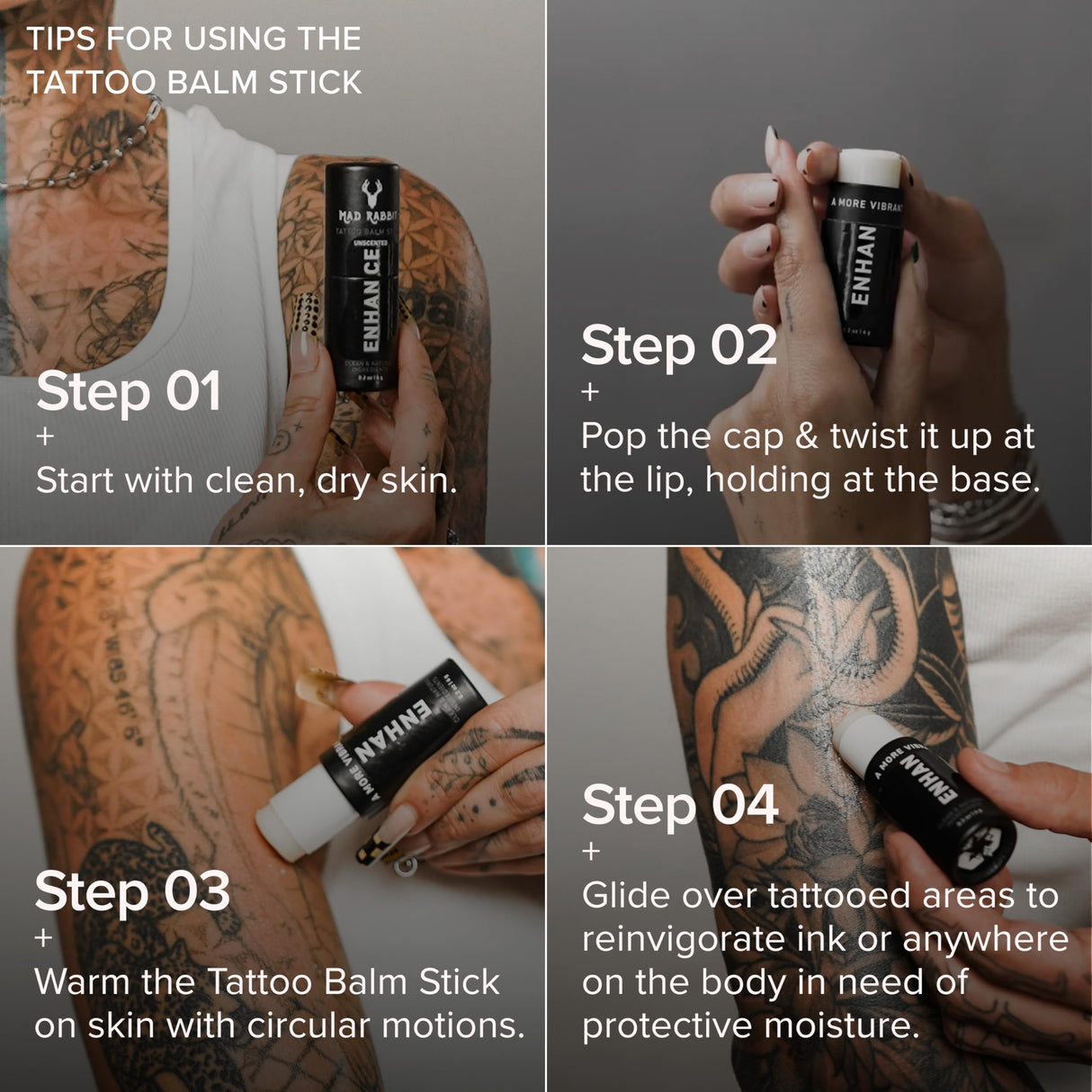 Mad Rabbit Enhance Tattoo Balm Stick-Tattoo Aftercare Brightener & Moisturizer, Clean, Color Enhancement, Fragrance-Free (.2oz)