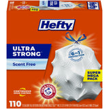 Hefty Ultra Strong 13 Gallon Trash Bags, Tall Kitchen Trash Bags 13 Gallon Size, Drawstring Closure, Continuous Odor Control, White, Unscented, 110 Bags