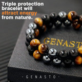 GENASTO Healing Crystals Tigers Eye Black Obsidian Hematite 8mm Stone Beads Good Luck Triple Protection Bracelet for Men Women