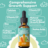 TallTrek Height Growth Supplement Drops for Kids - Teens Bone Growth Height Increase and Maximizer Immune Health Drops with Vitamins D3 K2 Zinc & Calcium - Gluten Free Vegan Pineapple Flavor
