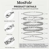 Mosflor 6 Pcs Silver Bracelets for Men, Cuban Link Chain Bracelet Stack Mens Stainless Steel Metal Rope Bracelet Set 8.3 Inches Mens Fashion Accessories Jewelry Non Tarnish for Men Dad Him Husband Son