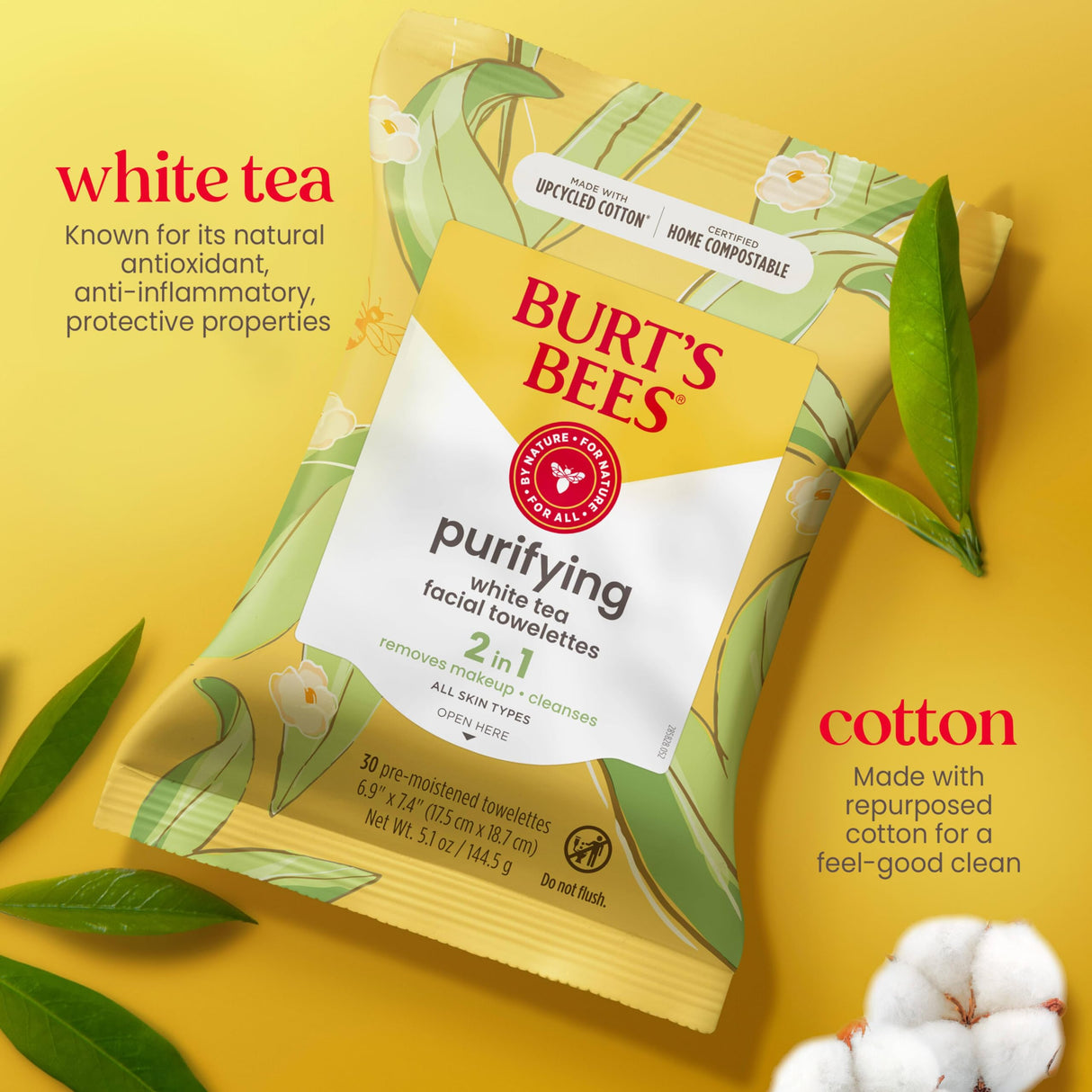 Burt's Bees Stocking Stuffers, Purifying Facial Towelettes Christmas Gifts With White Tea, Gentle Face Cleanser Pre-Moistened Towelettes, Makeup Remover Wipes, 30 ct. Package (3-Pack)