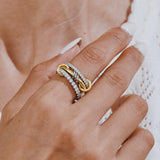 AllenCOCO 14K Gold & White Gold Plated Stackable Rings, Interlocking 3-Band Ring Set with Cubic Zirconia for Women Statement Size 7