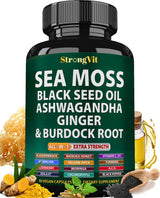 Sea Moss Black Seed Oil Ashwagandha Ginger, Organic Sea Moss Capsules with Burdock Root, Irish Seamoss Pills with Bladderwrack, Turmeric, Shilajit, Multimineral Supplement, USA (60 Capsules)