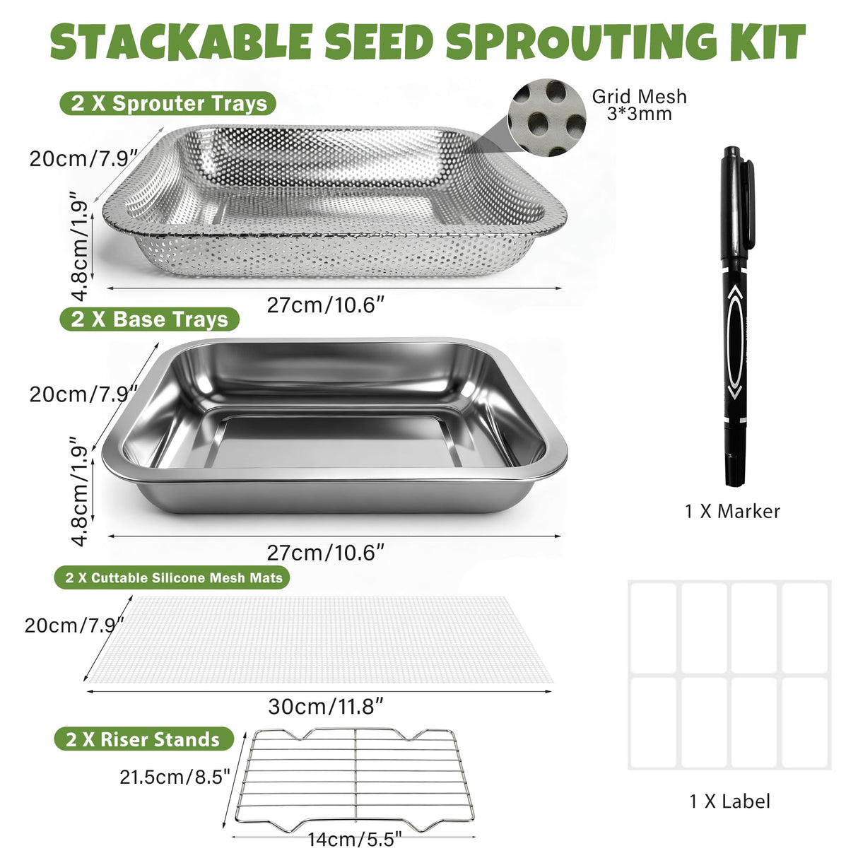 Amarys Hearth 2 Pack Stainless Steel Seed Sprouter Trays, 2-Tier Soil-Free Microgreens Growing Kit, Rust-Free Sprouting Tray with Mesh Pads for Sprouts Beans Alfalfa Wheatgrass (10.6" * 7.9" * 1.9")