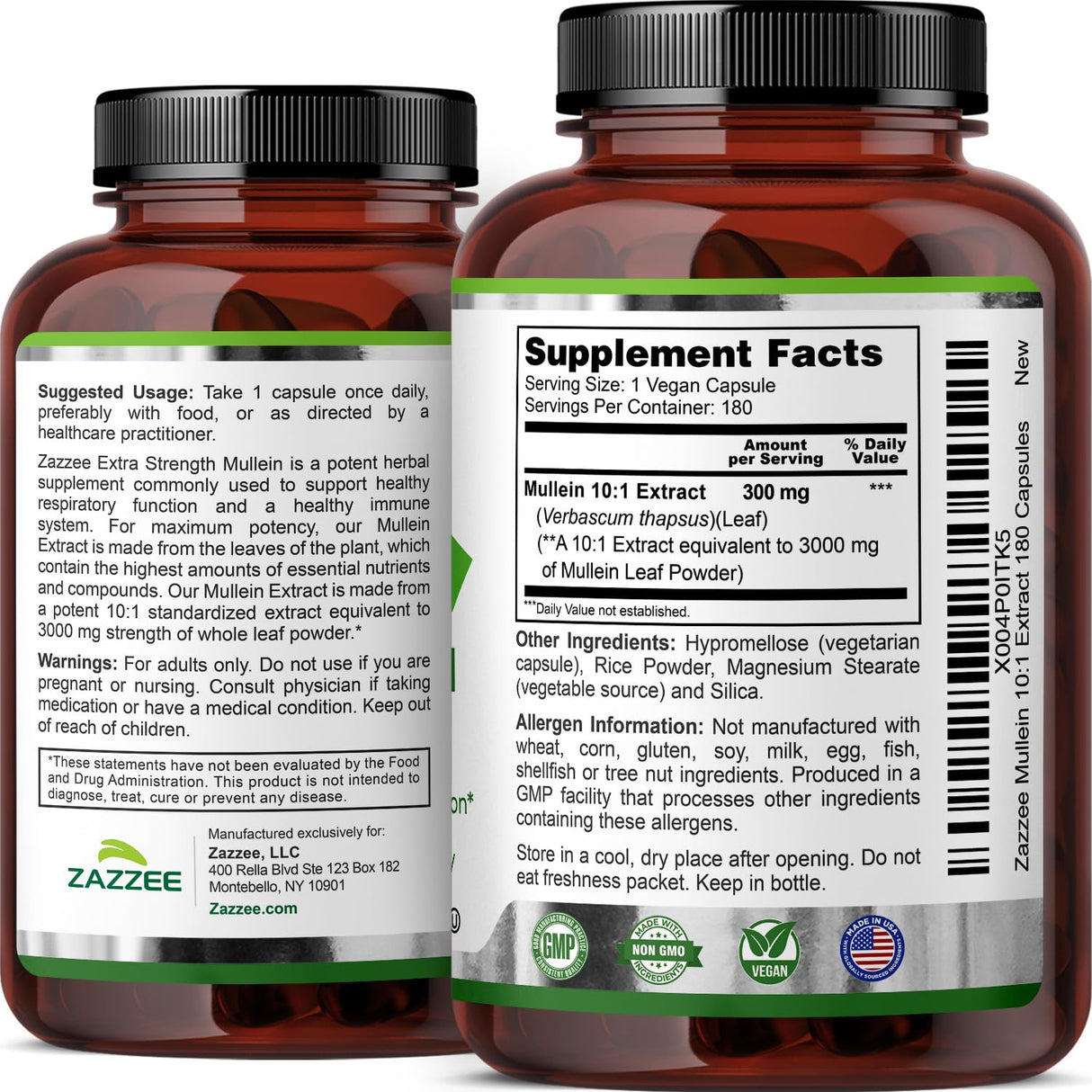 Zazzee Extra Strength Mullein 10:1 Extract, 3000 mg Strength, 180 Vegan Capsules, 6 Month Supply, Standardized 10X Extract, 100% Pure Leaf Powder, All-Natural and Non-GMO, Made in The USA