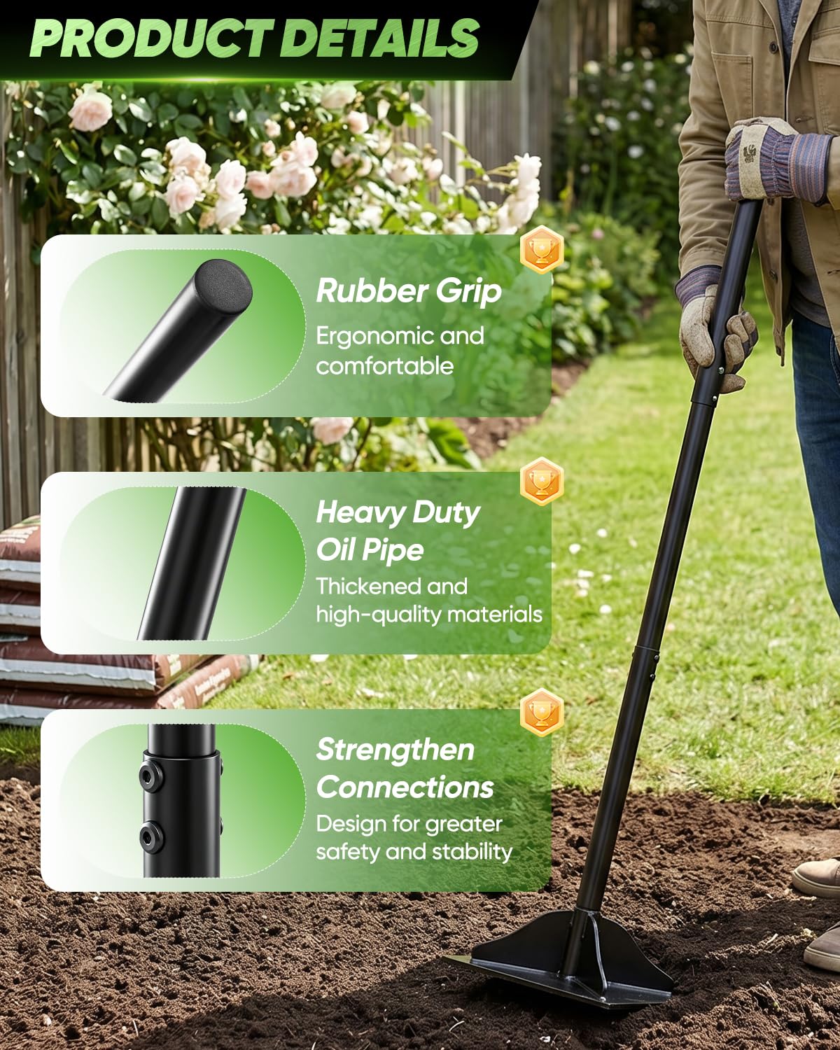 Saker Steel Tamper Heavy Duty Hand Compactor Tool, 10x10 Inch Ground Tamper for Soil, Gravel & Asphalt Compaction, 48 Inch Cushioned Handle for Driveway, Paver, Yard & Blacktop Repair