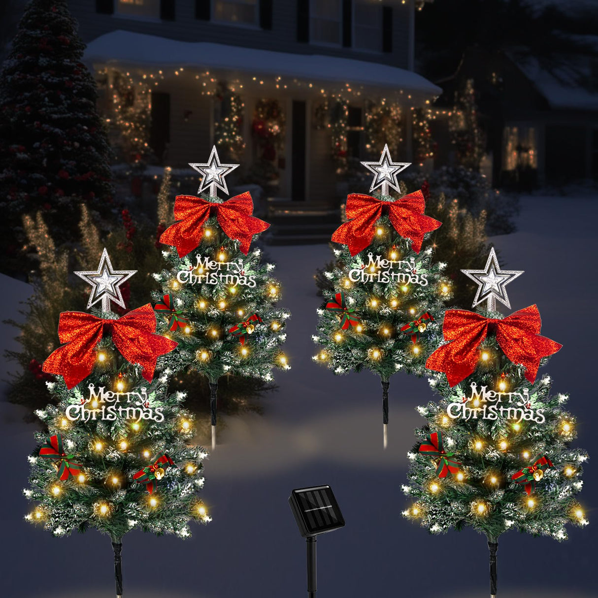 4 Pack Christmas Tree Solar Pathway Lights Outdoor Decorations, Waterproof Artificial Mini Xmas Tree Stake Lights with DIY Ornamets for Garden Yard Porch Decor (Snowy Tree)