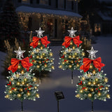 4 Pack Christmas Tree Solar Pathway Lights Outdoor Decorations, Waterproof Artificial Mini Xmas Tree Stake Lights with DIY Ornamets for Garden Yard Porch Decor (Snowy Tree)