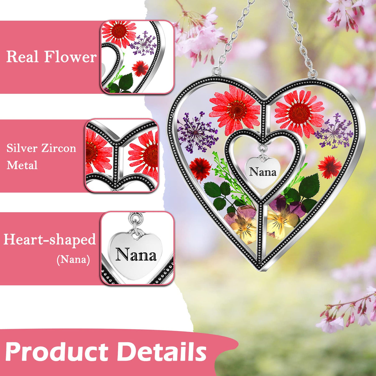 KY&BOSAM Nana Gifts Heart Suncatcher Stained Glass Panel Suncatchers for Window Hanging Ornament Wind Chime Pressed Flower Embedded in Glass and Heart Charm Birthday Gifts for Nana