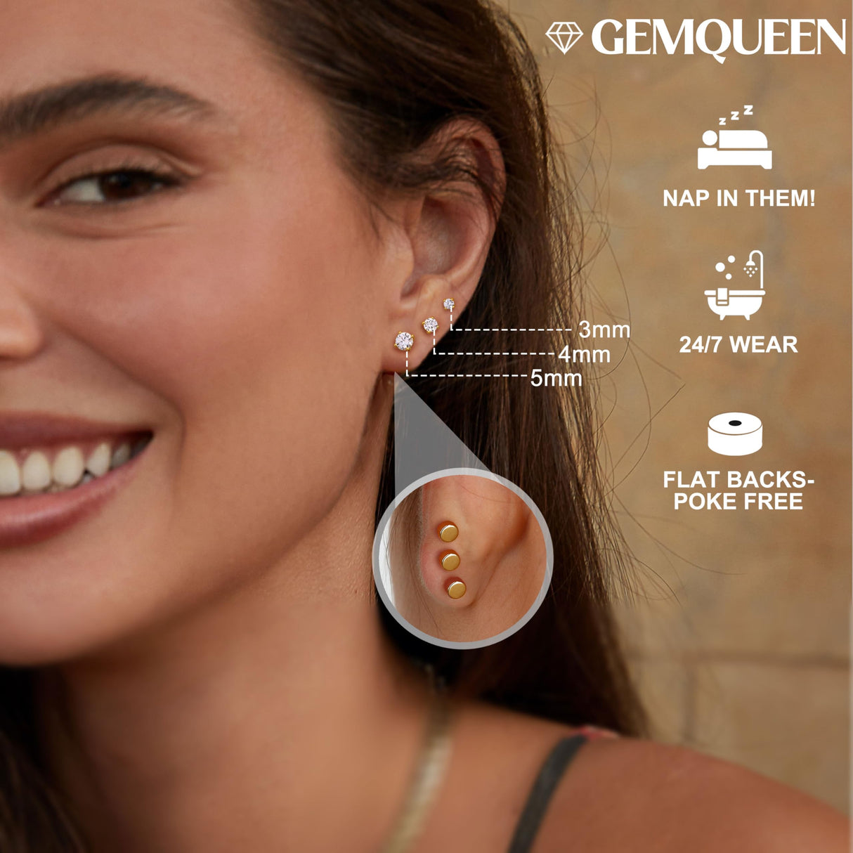 GEMQUEEN 3 Pairs Moissanite Earrings Studs 14K Gold Plated S925 Sterling Silver Flat Back Earring for Women Men - Hypoallergenic Set Cartilage Helix Piercing Jewelry D Color VVS1 1.8CT