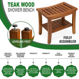 Teak Shower Bench 21 Inch, Fully Assembled Wood Bath Stool for Shower & Spa, The Hermod
