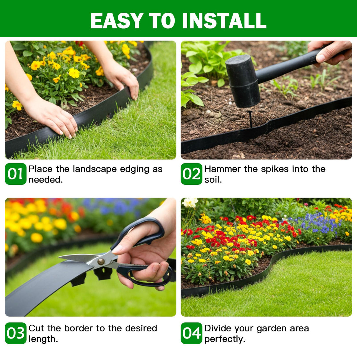 Tegarbed No Dig Landscape Edging 2 Inch x 100 FT, Heavy Duty Flexible Plastic Garden Border with 150 Spiral Spikes, Lawn Edging for Flower Beds, Walkways, Tree Rings, Mulch Beds and Landscaping, Black
