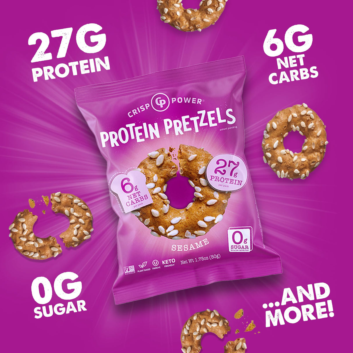 Crisp Power Protein Pretzels, Sesame, High Protein Vegan Keto Snack, 27 G Plant Based Protein, Low Carb Crunchy Pretzel Snacks, Sugar Free, No Seed Oils, 1.75 oz Bags, 6 Pack