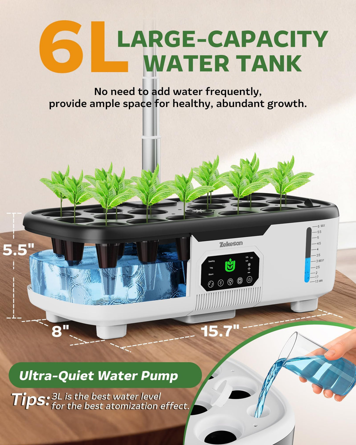 Misting Hydroponic Growing System Kit 15-Pods Indoor Smart Herb Garden Planter with LCD Touch Panel 6L Large Tank for Herb/Vegetables/Flowers/Fruits, Gardening Gifts for Women Men Beginners - White