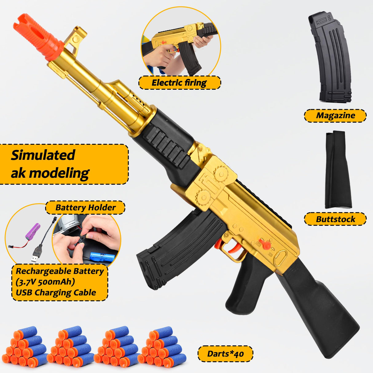 BYTEWAR Electric Golden AK-47 Realistic Soft Bullets Toy Gun,Foam Blasters Toys with 40 Foam Darts & 2 Magazines,Automatic Sniper Rifle for Kids Ages 6+ Years Old,Christmas Birthday Gift for Boys