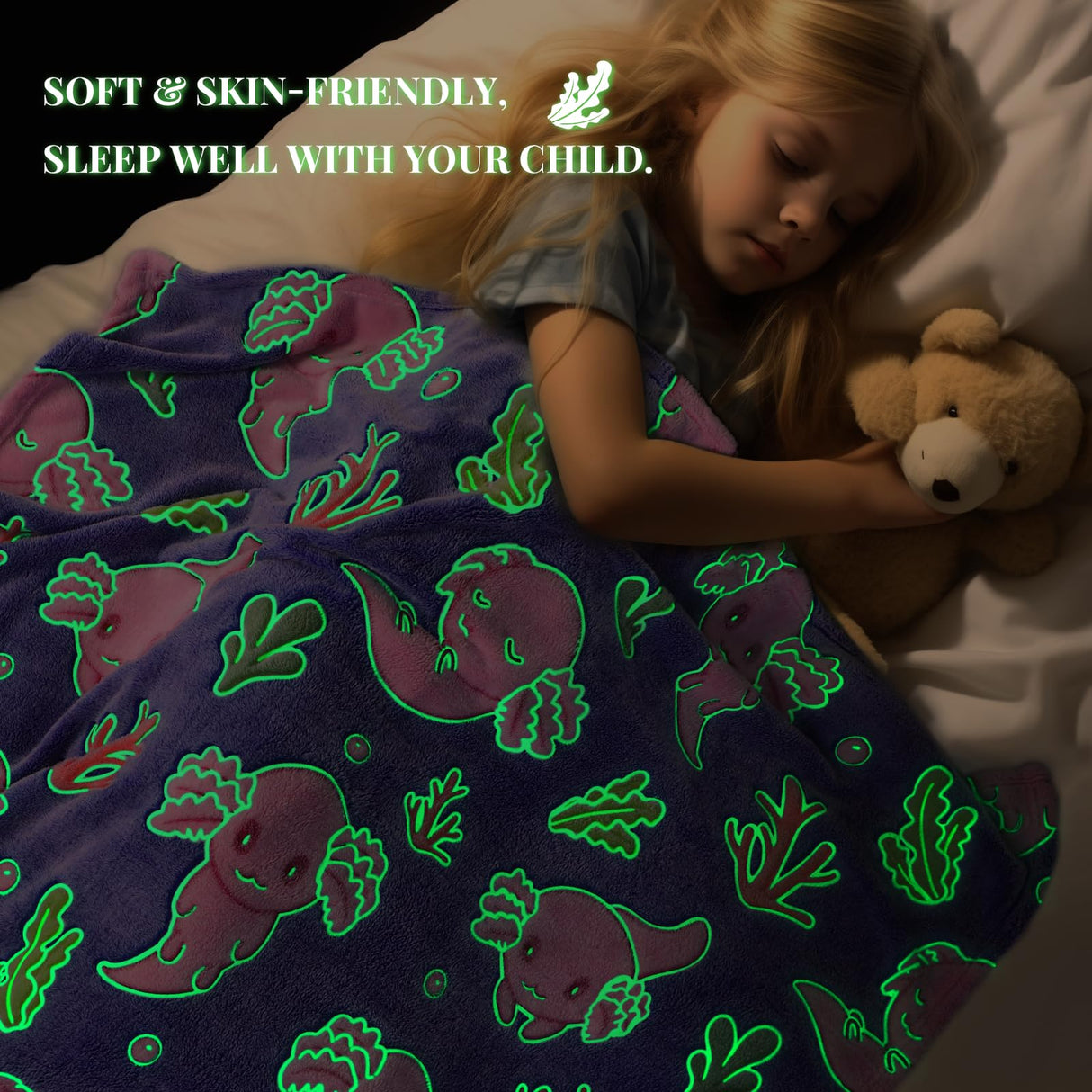 Axolotl Blanket for Girls - Axolotl Gifts Toys for 2 3 4 5 6 7 8 9 10 Year Old Girls Boys - Glow in The Dark Salamander Blanket Christmas Birthday Presents for Toddlers Teens Couch Bed 50"x 60"