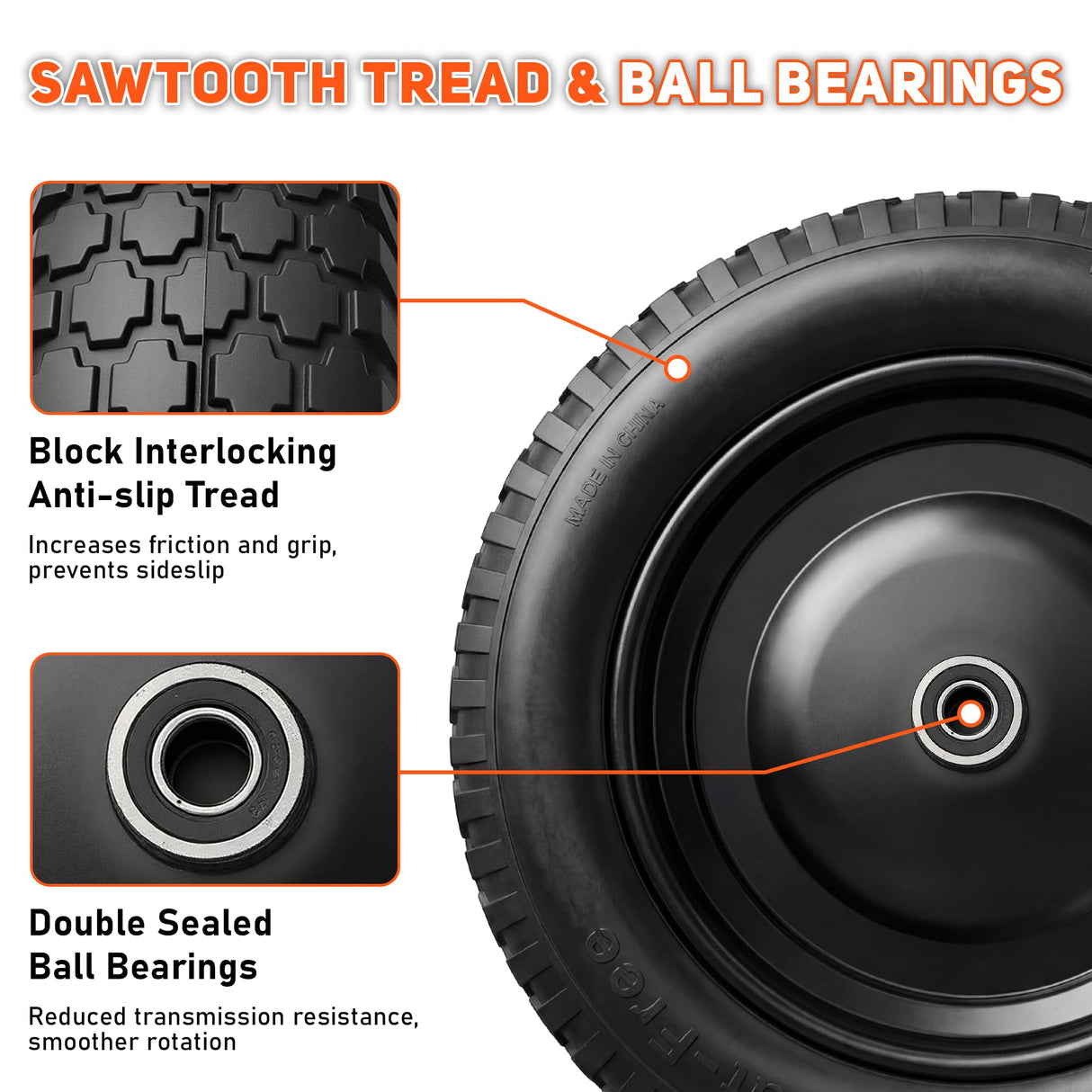 2-PCS 4.80/4.00-8 Tire, 14.5" Flat Free Wheelbarrow Tire and Wheel - Solid Replacement Tires with 3"-7" Adjustable Centered Hub, 5/8" & 3/4" Bearings | Fit 4.80/4.00-8, 4.00-8, 4.00-6, 3.50/3.00-8