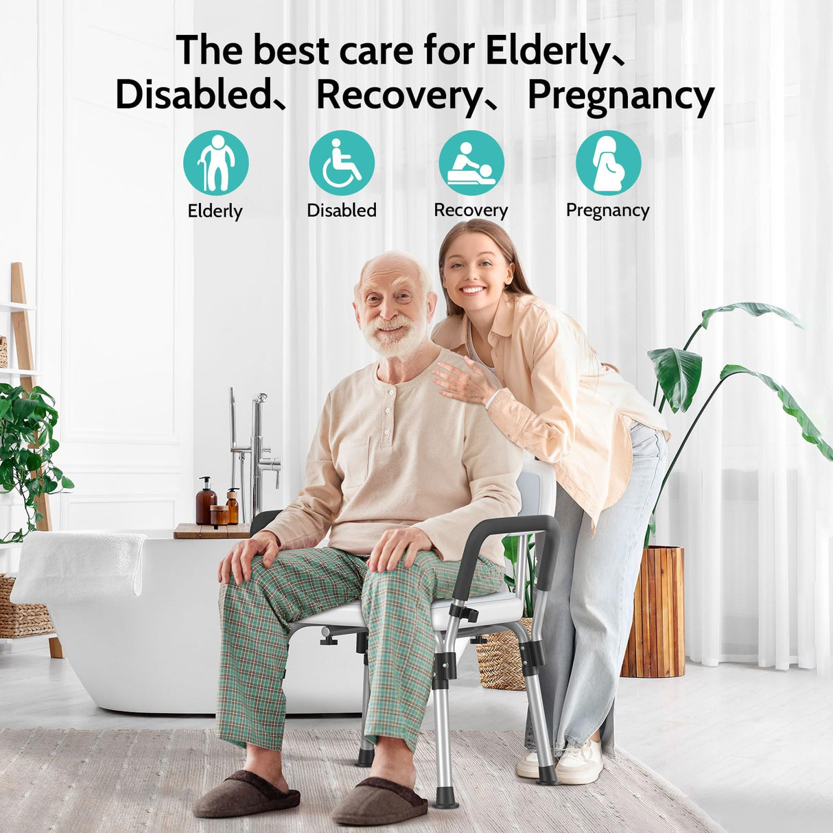 Kicimpro HSA/FSA Shower Chair for Elderly & Disabled, 10 Min Installation, Heavy Duty Bath Chair with Pad, 6 Adjustable Height Shower Seat for 5'1"-6'4" Users