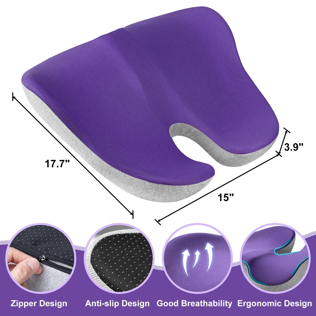 FOKEP Seat Cushion, X Large Memory Foam Cushion for Office Chair Cushions, Car Seat, Gaming Chair, Ergonomic Cushions Pad Pillow for Sciatica, Tailbone Pain Relief and Long Sitting (Purple)