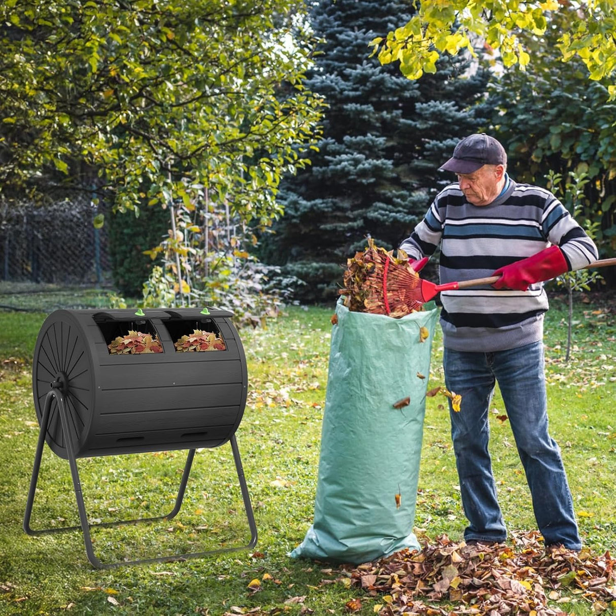 PatioZen Dual Chamber Tumbling Composter 45 Gallon Large Outdoor Tumbling Composter Efficient Batch Composting Easy Turn Design (Black,45 Gal)